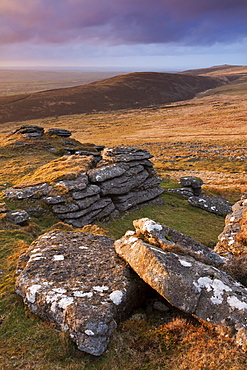 Looking towards Great Nodden and Sourton Tor from Arms Tor, Dartmoor National Park, Devon, England, United Kingdom, Europe