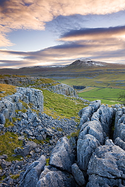 Snow capped Ingleborough from the limestone pavements on Twistleton Scar, Yorkshire Dales National Park, North Yorkshire, England, United Kingdom, Europe