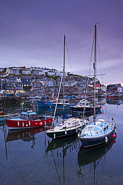 Boats moored in Mevagissey harbour at dawn, Cornwall, England, United Kingdom, Europe