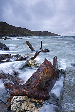 Rusted remains of the shipwrecked SS Collier at Rockham Bay near Morte Point, North Devon, England, United Kingdom, Europe