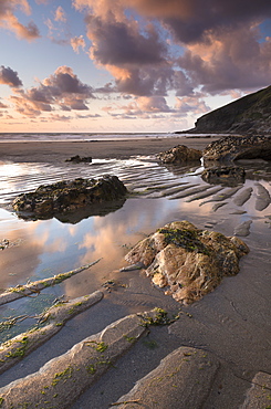 Low tide on the sandy Tregardock Beach, North Cornwall, England, United Kingdom, Europe