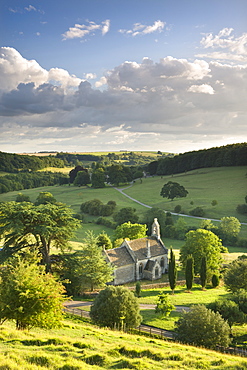 Church of St. Mary the Virgin surrounded by beautiful countryside, Lasborough in the Cotswolds, Gloucestershire, England, United Kingdom, Europe 