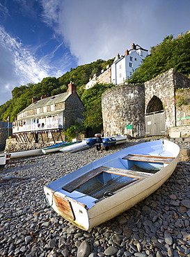 Fishing boat on the pebble beach in Clovelly harbour, Devon, England, United Kingdom, Europe