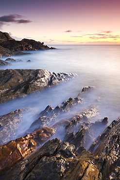 Rocky coast at sunset, Leas Foot Sand, Thurlestone, South Hams, Devon, England, United Kingdom, Europe 