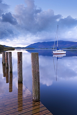 Yacht moored near Lodore boat launch on Derwent Water, Lake District National Park, Cumbria, England, United Kingdom, Europe