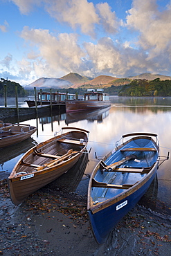 Boats on Derwent Water near Friars Crag, Keswick, Lake District National Park, Cumbria, England, United Kingdom, Europe