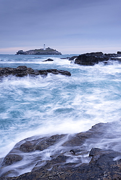 Crashing Atlantic waves in winter near Godrevy Lighthouse, Cornwall, England, United Kingdom, Europe 