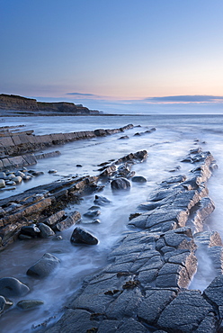 Rocky ledges in twilight, Kilve Beach, Somerset, England, United Kingdom, Europe  