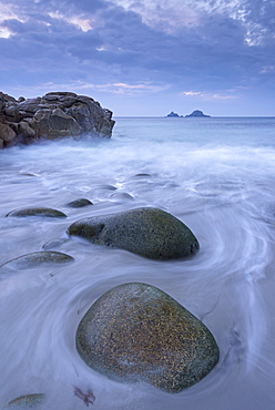 Porth Nanven beach at twilight, St. Just, Cornwall, England, United Kingdom, Europe