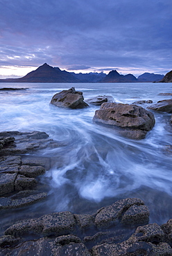 The Black Cuillin mountains from the rocky shores of Elgol, Isle of Skye, Inner Hebrides, Scotland, United Kingdom, Europe