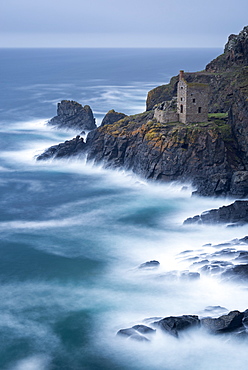 Abandoned ruin of tin mine engine house on the Cornish cliffs near Botallack, Cornwall, England, United Kingdom, Europe