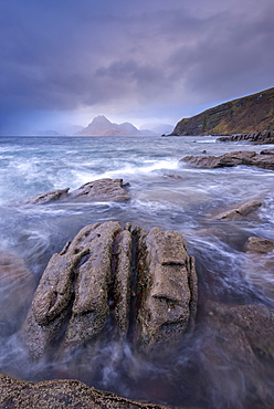 Dramatic coastline of Elgol, looking across to the Cuillins, Isle of Skye, Inner Hebrides, Scotland, United Kingdom, Europe