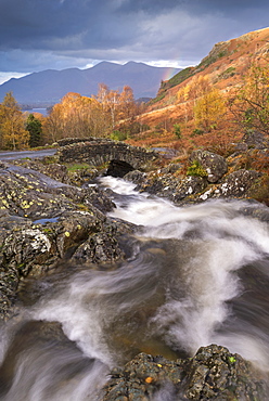 Tumbling mountain stream at Ashness Bridge in the Lake District National Park, Cumbria, England, United Kingdom, Europe