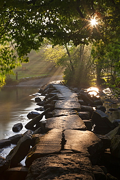 Ancient clapper bridge Tarr Steps spanning the River Barle in Exmoo National Park, Somerset, England, United Kingdom, Europe