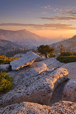 Sunset above Half Dome, viewed from Olmsted Point, in autumn, Yosemite National Park, UNESCO World Heritage Site, California, United States of America, North America