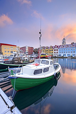 Colourful boats and buildings in Torshavn harbour, Streymoy, Faroe Islands, Denmark, Europe