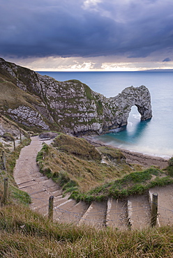 Steps leading down to Durdle Door on the Jurassic Coast, UNESCO World Heritage Site, Dorset, England, United Kingdom, Europe