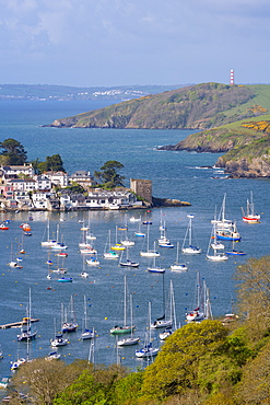 Boats moored in the sheltered waters of Fowey Estuary near Polruan, Cornwall, England, United Kingdom, Europe