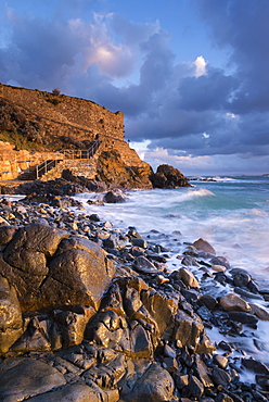 Early morning sunshine at Bamaz Point, St. Ives, Cornwall, England. United Kingdom, Europe