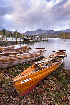 Wooden rowing boats beside Derwent Water in the Lake District National Park, Cumbria, England, United Kingdom, Europe