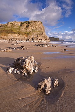 Dramatic cliffs and sandy beaches at Fall Bay on the Gower Peninsula, Wales, United Kingdom, Europe