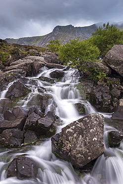 Tumbling waterfall in Cwm Idwal, Snowdonia National Park, Gwynedd, Wales, United Kingdom, Europe