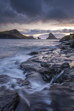 Dramatic scenery views on the coast at Bour on the island of Vagar, Faroe Islands, Denmark, Europe