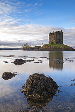 Castle Stalker reflected in Loch Linnhe, Appin, Argyll, Scotland, United Kingdom, Europe