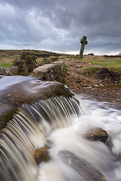 Waterfall at Windy Post (Beckamoor Cross) in Dartmoor National Park, Devon, England, United Kingdom, Europe