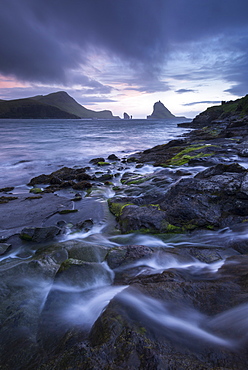 Tindholmur at sunset from Bour on the island of Vagar, Faroe Islands, Denmark, Europe