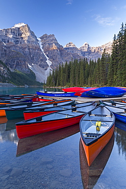 Canadian Canoes on Moraine Lake in Banff National Park, UNESCO World Heritage Site, Alberta, Canada, North America