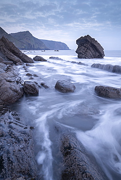 Atmospheric morning on the rocky coastline of North Devon, England, United Kingdom, Europe