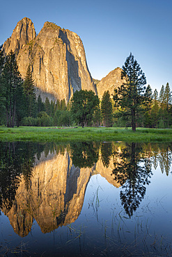 Morning sunshine on Cathedral Rocks, Yosemite Valley, UNESCO World Heritage Site, California, United States of America, North America