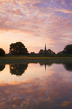 Salisbury Cathedral spire and dawn sky reflected in a pond, Salisbury, Wiltshire, England, United Kingdom, Europe