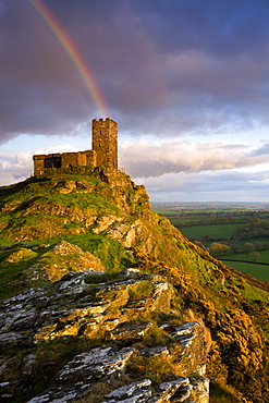 Rainbow above St. Michael de Rupe church on Brent Tor, Brentor, Dartmoor National Park, Devon, England, United Kingdom, Europe