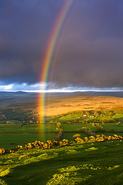 Rainbow above rolling farmland on the edges of Dartmoor National Park, Devon, England, United Kingdom, Europe