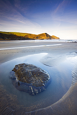 Rockpool on the sandy beach at Crackington Haven, Cornwall, England, United Kingdom, Europe