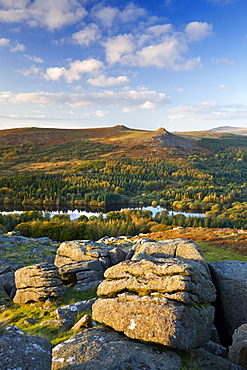 Autumnal view over Burrator Reservoir to Sharpitor and Leather Tor from Sheepstor, Dartmoor National Park, Devon, England, United Kingdom, Europe