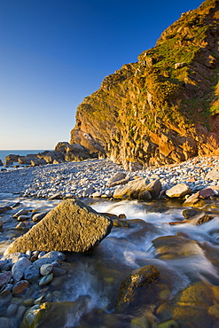 River Heddon flows into the sea at Heddons Mouth, Exmoor National Park, Devon, England, United Kingdom, Europe