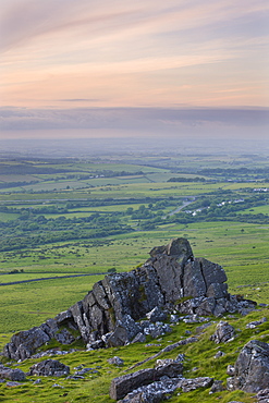 Sourton Tor and rolling countryside on the western edge of Dartmoor National Park, Devon, England, United Kingdom, Europe