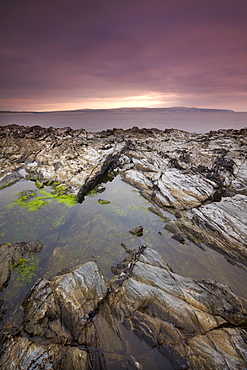 Rockpool on the rocky shores of Godrevy Point looking across to St. Ives, Cornwall, England, United Kingdom, Europe