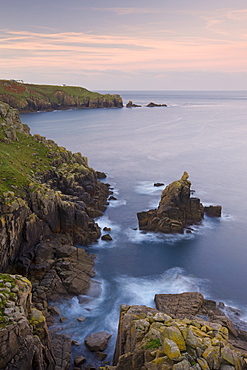 Looking towards the Irish Lady stack and Dr Syntax's Head from the cliffs of Pedn-men-du, Lands End, Cornwall, England, United Kingdom, Europe