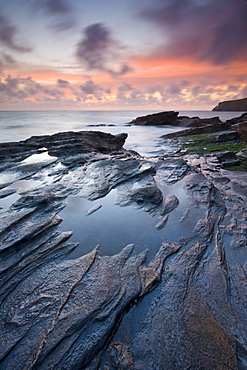 Sunset at Trebarwith Strand on the North Cornwall coast, Cornwall, England, United Kingdom,Europe