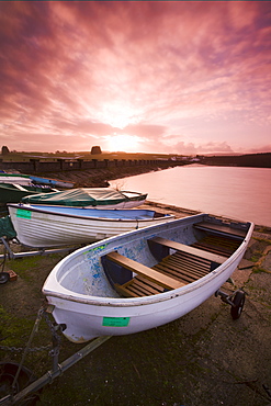 Fishing boats beside the Usk Reservoir at sunrise, Brecon Beacons National Park, Wales, United Kingdom, Europe