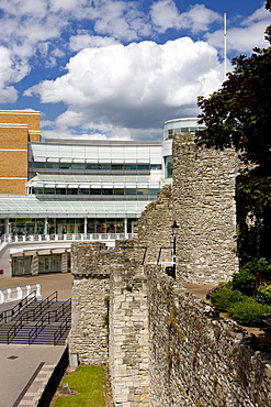 Medieval walls of Southampton and new West Quay shopping centre, Southampton, Hampshire, England, United Kingdom, Europe