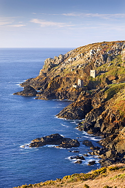 Remains of The Crowns tin mine engine houses on the Cornish Atlantic coast near Botallack, Cornwall, England, United Kingdom, Europe