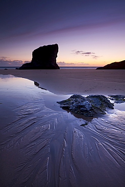 Twilight on the sandy beach at Bedruthan Steps, Cornwall, England, United Kingdom, Europe