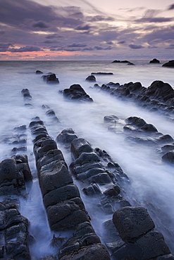 Rock ledges at Hartland Quay at sunset, Hartland, Devon, England, United Kingdom, Europe