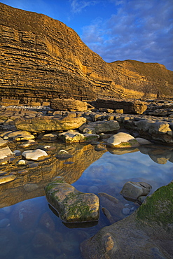 Layered cliffs of Dunraven Bay glowing gold in the late evening sunlight, Southerndown, Wales, United Kingdom, Europe