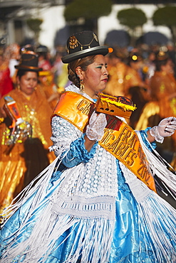 Women dancing in festival in Plaza 25 de Mayo, Sucre, UNESCO World Heritage Site, Bolivia, South America